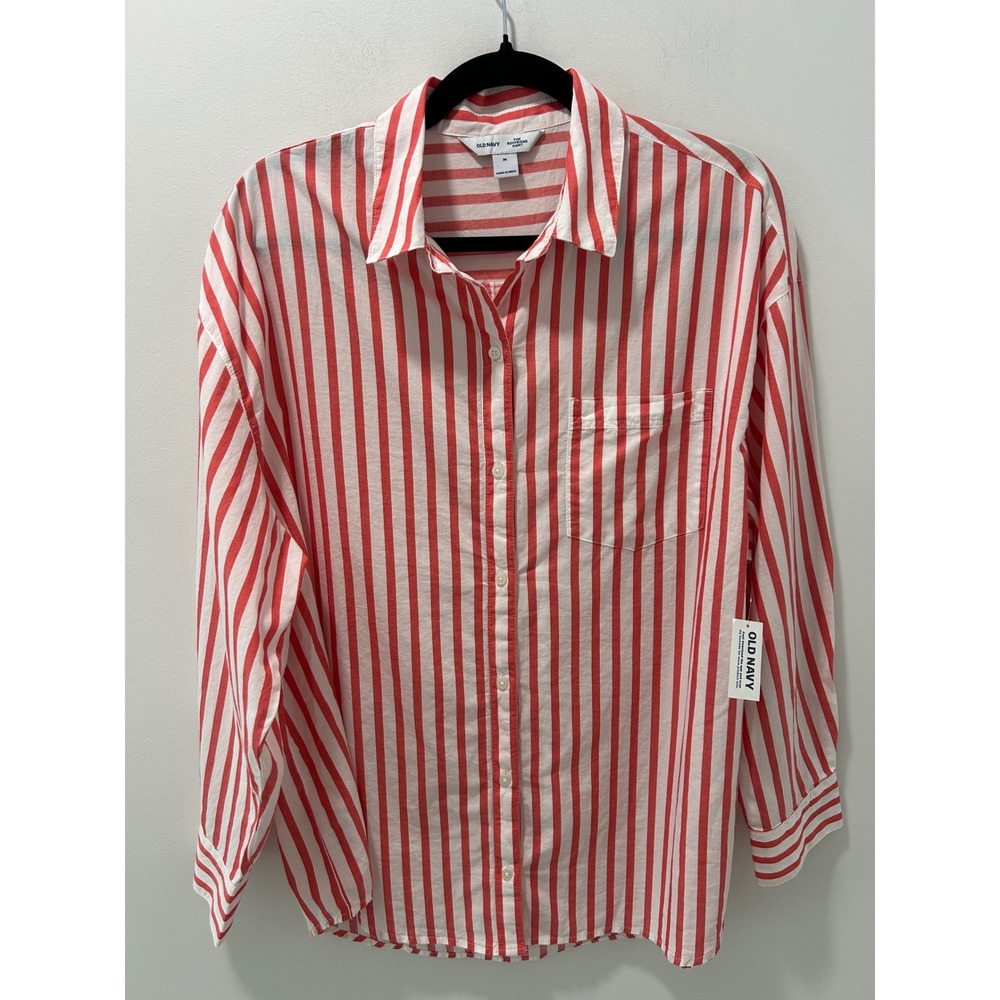 Old Navy Boyfriend Shirt NWT Womens Medium Red White Striped Cotton Button Down